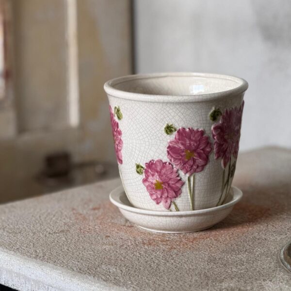 Kruka Dahlia - Beige, cerise och grön, 12x12cm